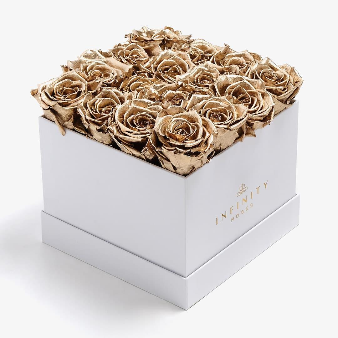 Large Square Rose Box - Gold Rose - White Box