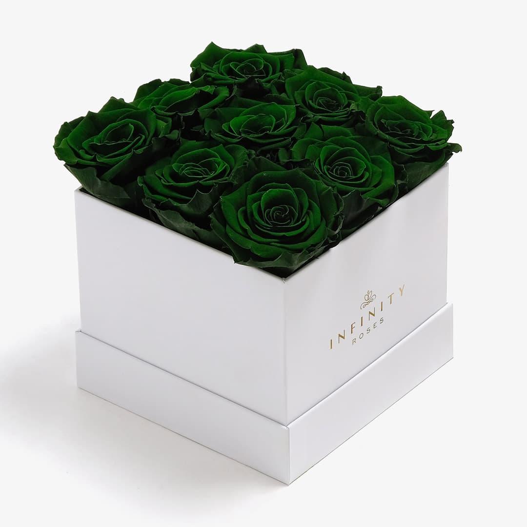 Medium Square Rose Box - Emerald Green Rose - White Box