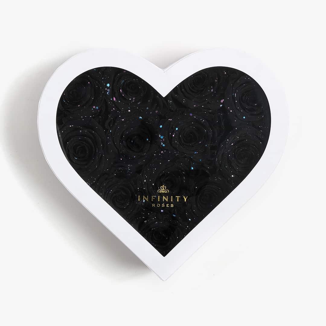 Medium Heart Box - Black Galaxy Rose - White Box