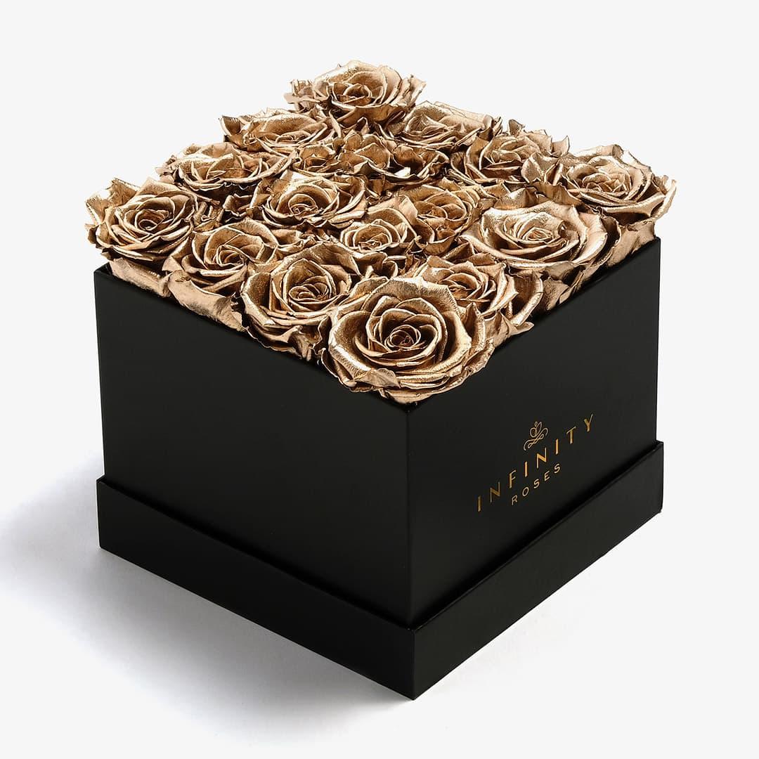 Large Square Rose Box - Gold Rose - Black Box