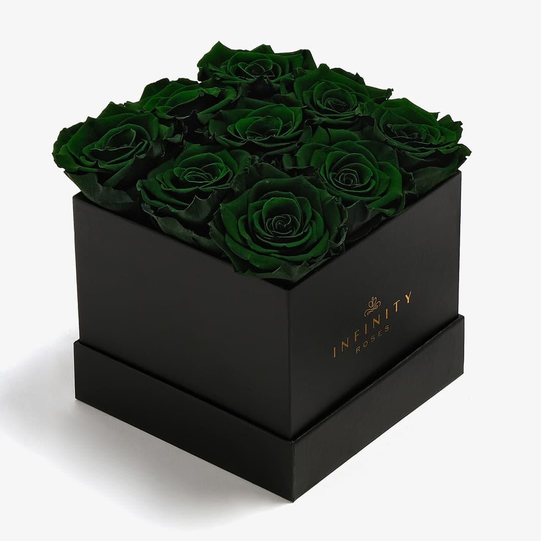 Medium Square Rose Box - Emerald Green Rose - Black Box