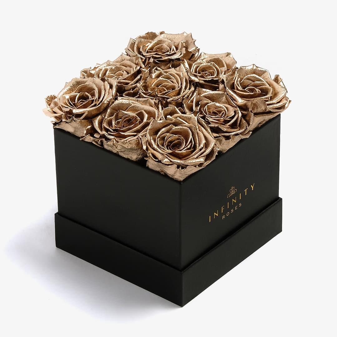 Medium Square Rose Box - Gold Rose - Black Box