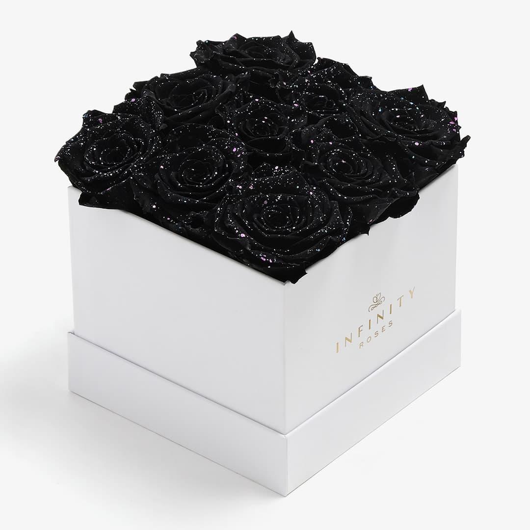 Medium Square Rose Box - Black Galaxy Rose - White Box
