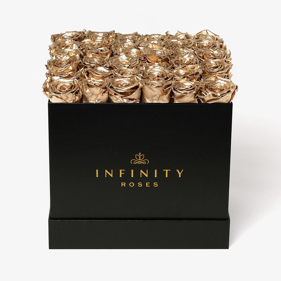 Grand Square Rose Box - Gold Rose - Black Box