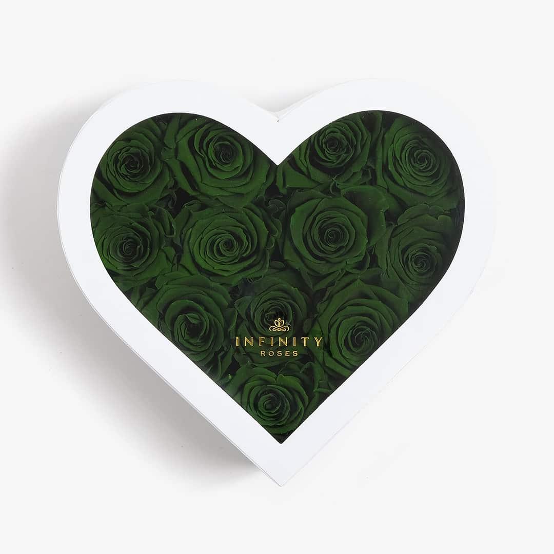 Medium Heart Box - Emerald Green Rose - White Box