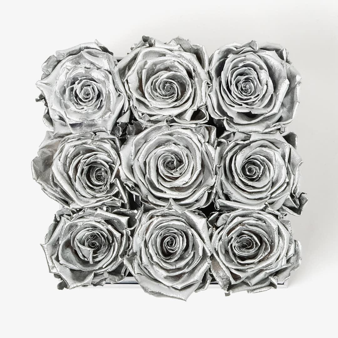 Medium Square Rose Box - Silver Rose - White Box