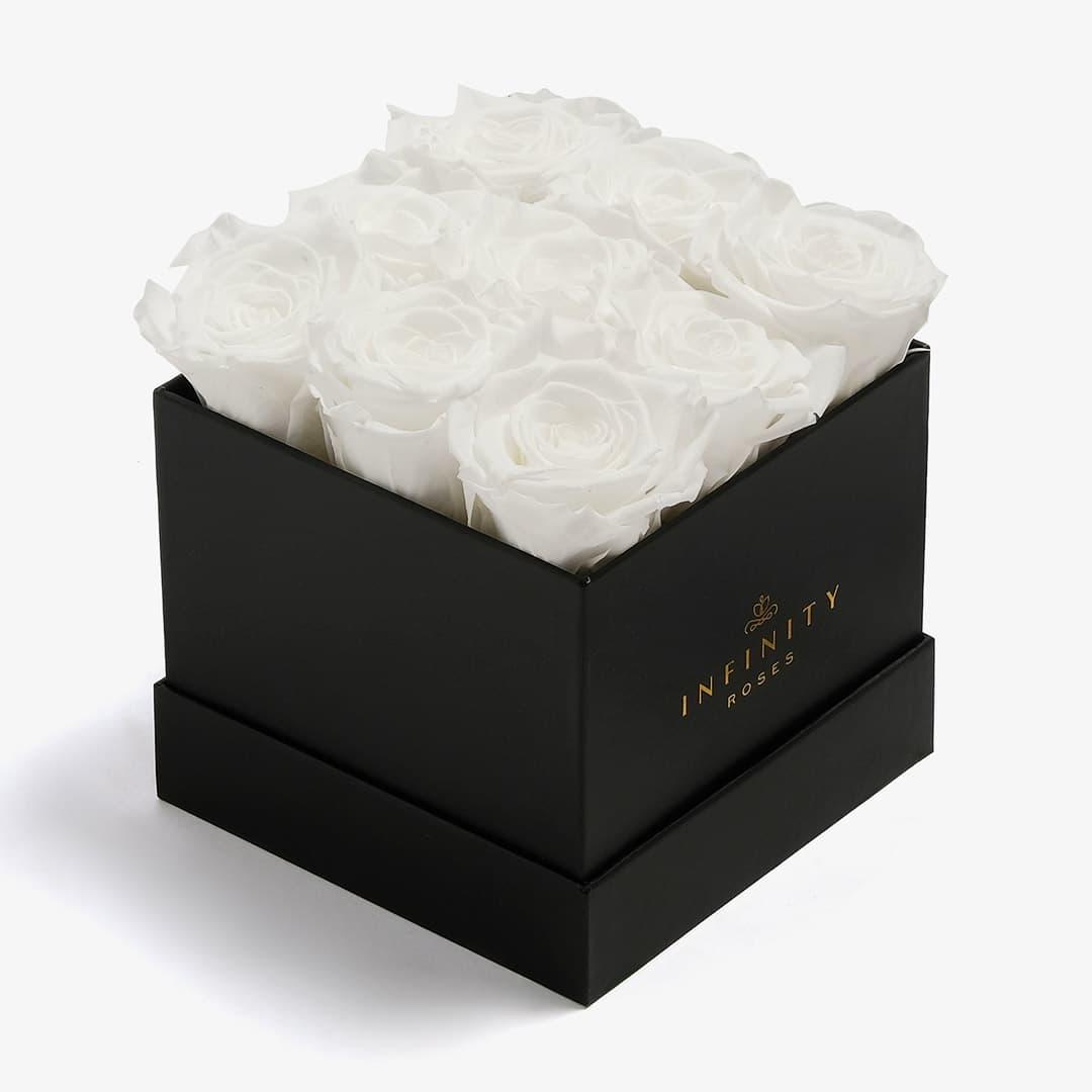 Medium Square Rose Box - White Rose - Black Box