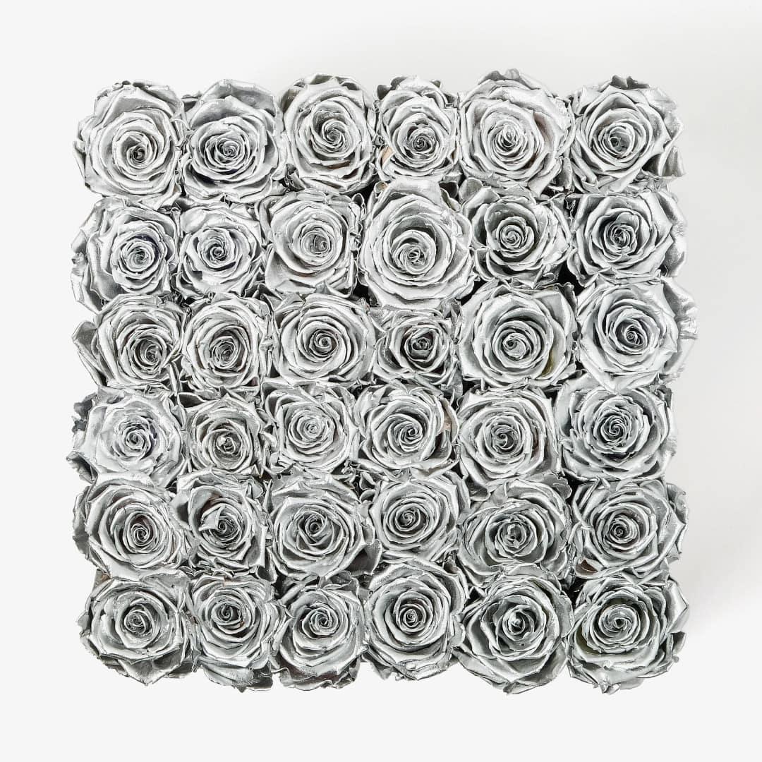 Grand Square Rose Box - Silver Rose - Black Box