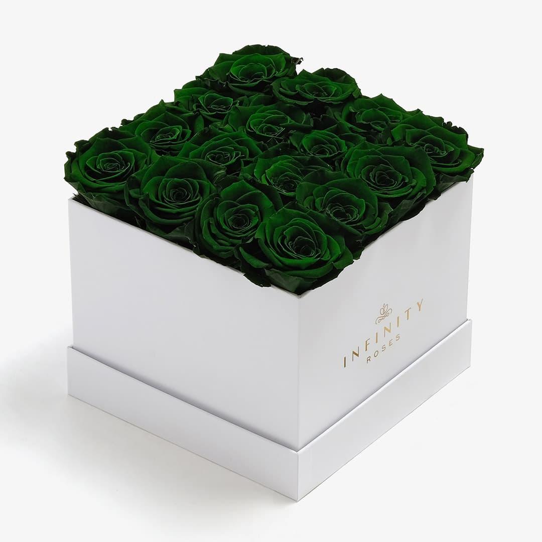Large Square Rose Box - Emerald Green Rose - White Box