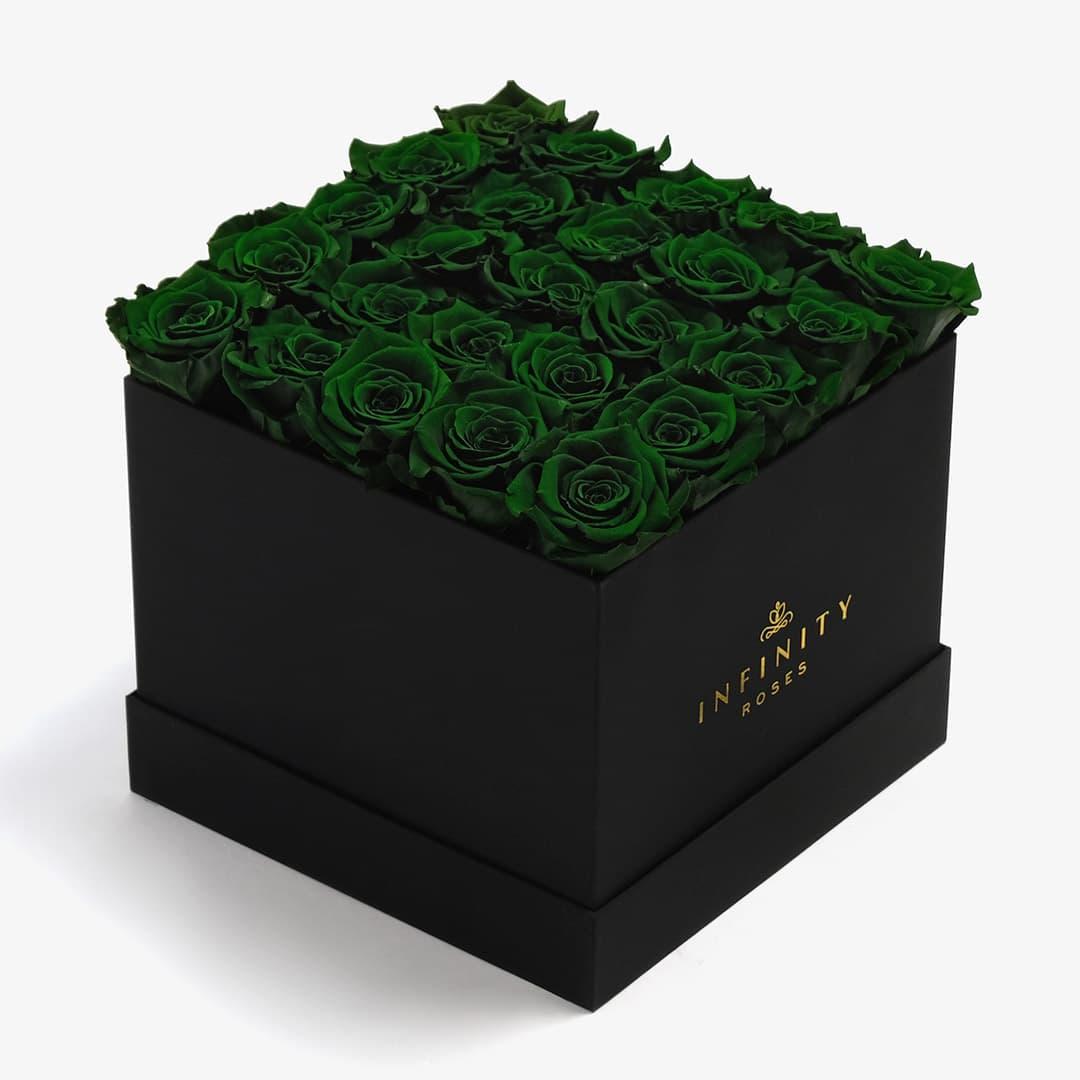 Large Square Rose Box - Emerald Green Rose - Black Box